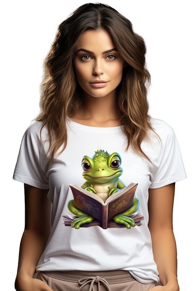 StoryGift Romania Tricou Femei cu o broasca vesela, tine o carte deschisa, lectura, imaginatie, pe WHT_XS
