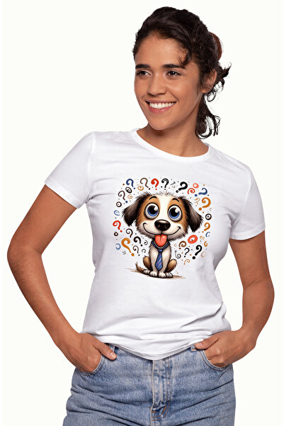 StoryGift Romania Tricou Femei cu un catel jucaus, ilustratie, cravata, semne de intrebare, ferici WHT_S