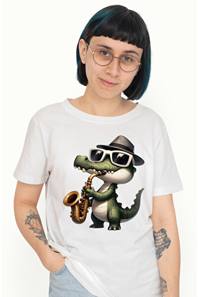 StoryGift Romania Tricou Femei cu un crocodil care canta la saxofon, ilustrat...