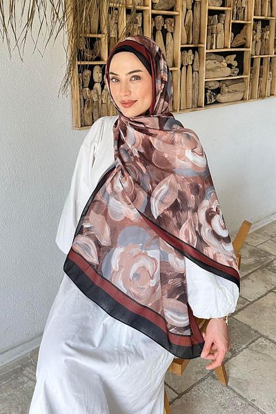 lamelif Flower Pattern Cotton Shawl Black Brown