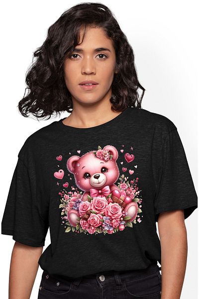 StoryGift Romania Tricou Femei cu o ursoaica vesela, ilustratie, roz, trandafiri, inimi, ciocolata BLK_XL