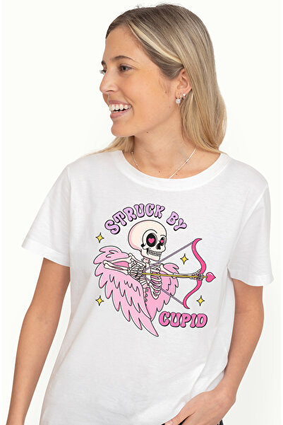 StoryGift Romania Tricou Femei cu scheletul lui Cupidon cu mesajul "Struck by Cupid", Valentine's WHT_XL