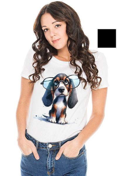 StoryGift Romania Tricou Femei cu un catel care poarta niste ochelari care nu i se potrivesc, puti WHT_S