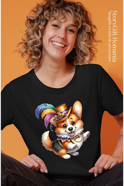 StoryGift Romania Tricou Femei cu un catel care danseaza, ilustratie, palarie de circ, pene, bucur BLK_M