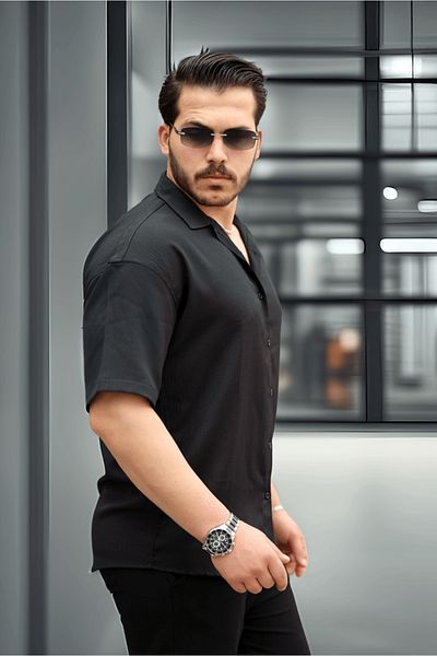 BSM Мъжка висококачествена риза с къс ръкав, отворена яка и ежедневна лятна черна