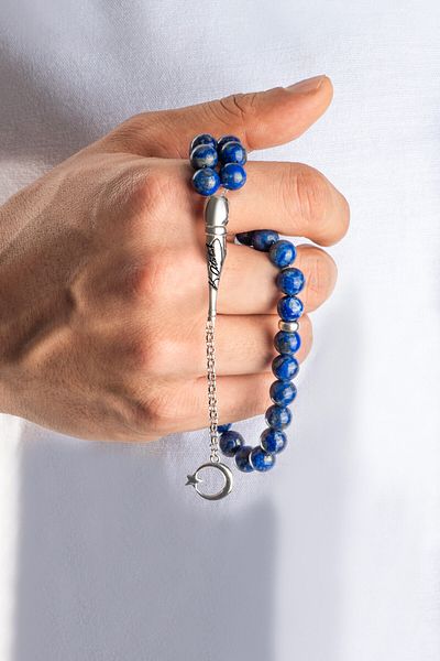 So CHIC... Ataturk Signed Natural Lapis Stone 23 cm Silver Rosary