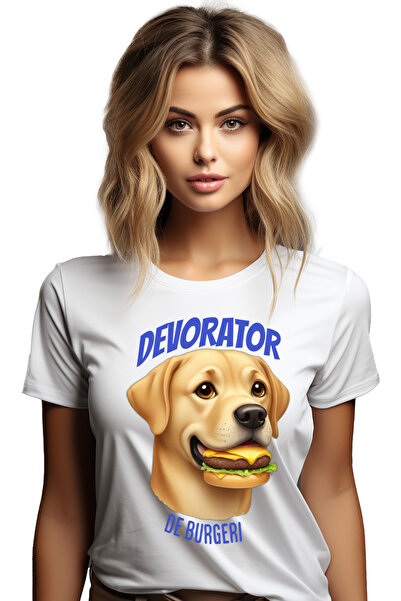 StoryGift Romania Tricou Femei Caine Mancand un bUrger, Text devorator Burgeri cu imprimeu pe Fata WHT_S