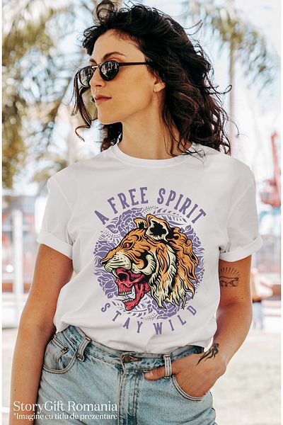 StoryGift Romania Women's T-Shirt With Message In English A Free Spirit Stay Wild, Tiger, Skull, Flowers, WHT_L
