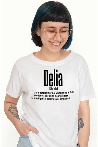 StoryGift Romania Tricou Femei Cu Numele Delia, si Mesaj Motivational, Determinare, Modesta, Intel WHT_XL
