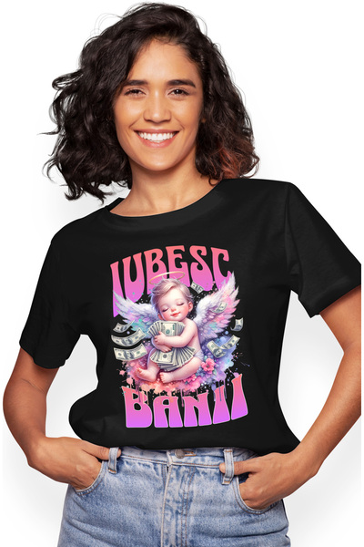 StoryGift Romania Tricou Femei inger roz cu aripi in cer text iubesc banii cu...