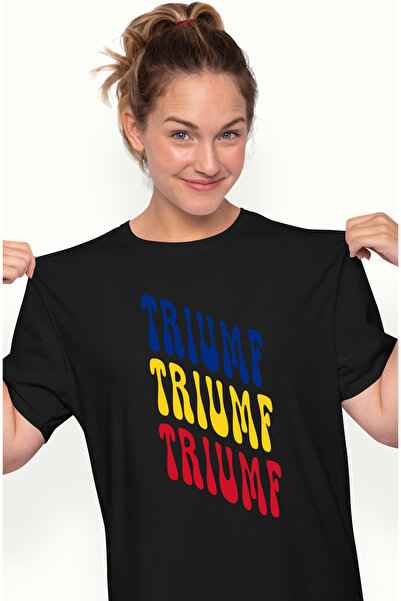 StoryGift Romania Tricou Femei Cuvantul Triumf, in Culorile Steagului Romaniei, Rosu, Galben, Alba BLK_XS