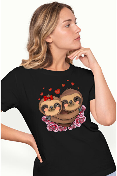 StoryGift Romania Tricou Femei cu 2 sloths/lenesi imbratisandu-se, trandafiri...