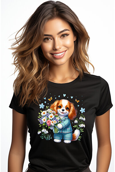 StoryGift Romania Tricou Femei cu un catel care tine un buchet cu flori, ilustratie, fluturasi, gh BLK_S