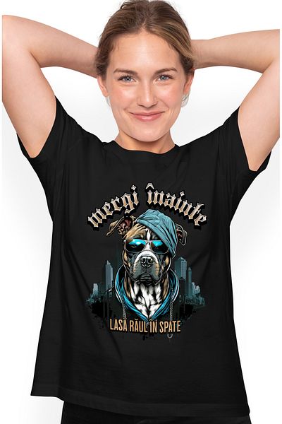 StoryGift Romania Tricou Femei Caine gangster cu ochelarii si lant de aur, mesasaj motivational ME BLK_S