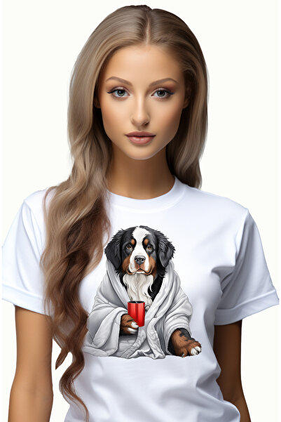 StoryGift Romania Tricou Femei cu un caine in capod alb, ilustratie, tine o T...