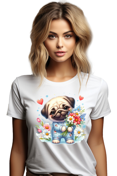 StoryGift Romania Tricou Femei cu un catelus Pug care tine un buchet cu flori...