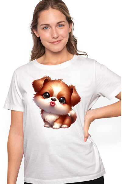 StoryGift Romania Tricou Femei cu un catelus care da un pupic, ilustratie, fe...