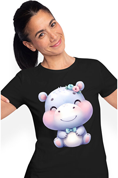 StoryGift Romania Tricou Femei cu un hipopotam vesel, ilustratie, zambeste, t...