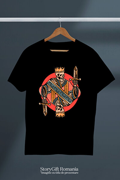 StoryGift Romania Tricou Femei Cu Schelet, Rege, Sabie, Coroana, Carte De Joc, Multicolor cu impr BLK_L