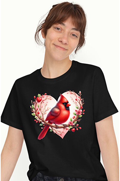 StoryGift Romania Tricou Femei cu o pasare rosie, ilustratie, inimioare, iubi...