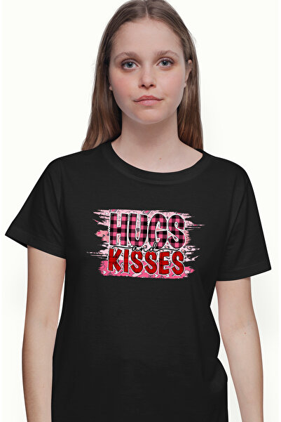 StoryGift Romania Tricou Femei cu mesajul "Hugs and Kisses", rosu, roz, inimi...