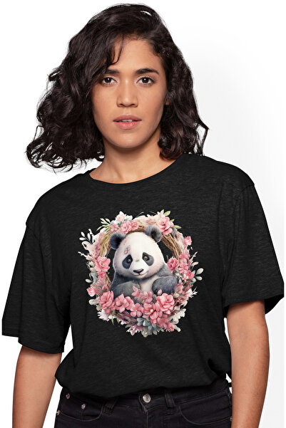 StoryGift Romania Tricou Femei cu un urs Panda, ilustratie, coroana din flori...