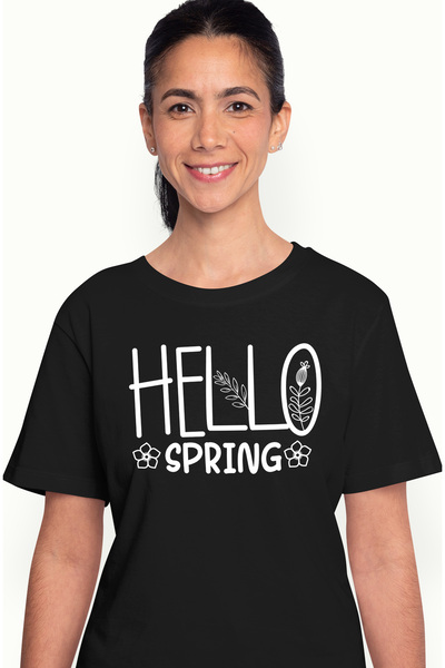 StoryGift Romania Tricou Femei cu floricele si cu mesajul in limba engleza "Hello, spring" - salut BLK_S