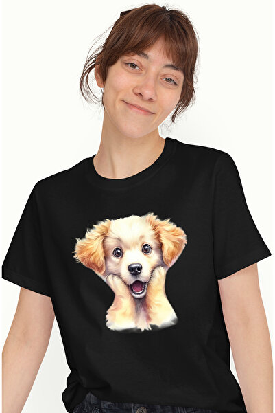 StoryGift Romania Tricou Femei cu un catelus uimit, ilustratie, speriat, labu...