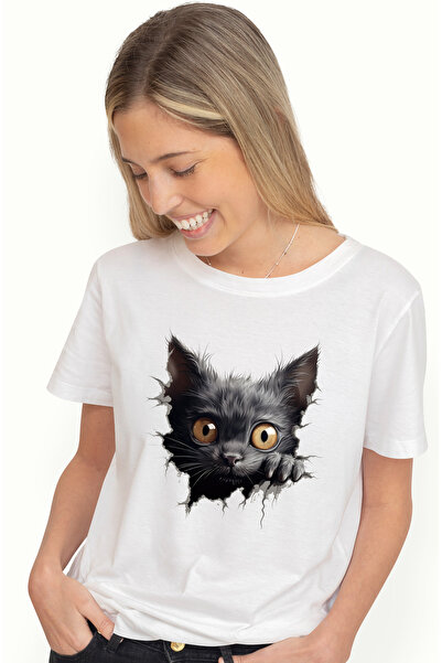 StoryGift Romania Tricou Femei cu o pisicuta neagra, stelute, surprinsa, soca...