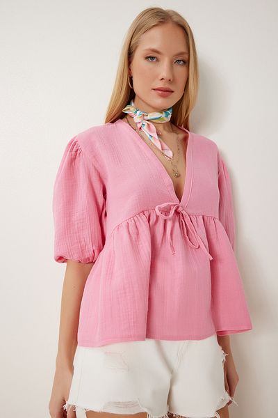 Lovelyİstanbul V-Neck Lacing Detailed Flounced Muslin Blouse Pink Lan0032
