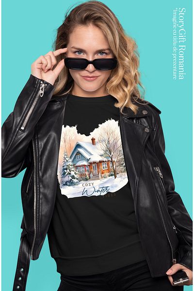 StoryGift Romania Tricou Femei cu o casa acoperita cu zapada cu mesajul "Cozy Winter Vibes", simti BLK_M