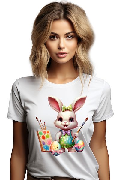 StoryGift Romania Women's T-shirt with a bunny, illustration, painting, watercolors, brushes, work by WHT_L