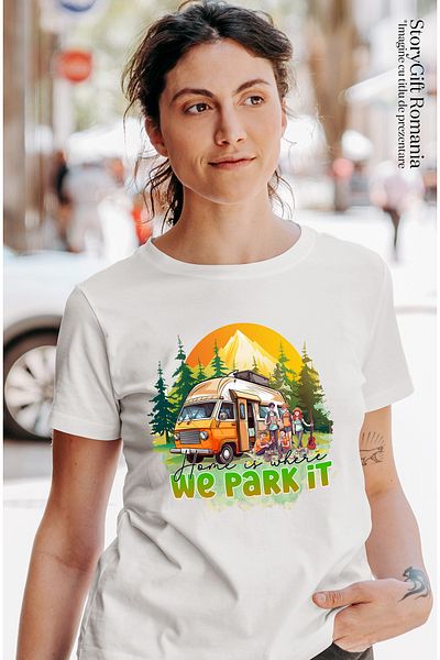 StoryGift Romania Tricou Femei Cu Mesajul "home Is Where We Park It", Calatorie, Ilustratie, Natur Wht_m