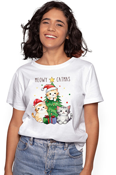 StoryGift Romania Tricou Femei cu pisoi cu mesajul "Meowy Catmas", Craciun fe...