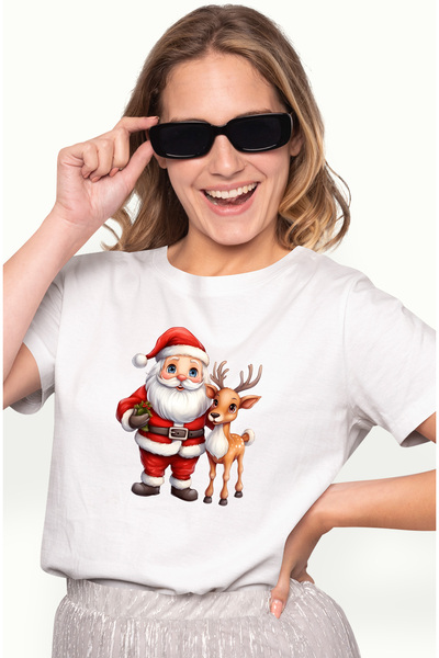 StoryGift Romania Tricou Femei cu Mos Craciun care sta langa un ren, ilustrat...