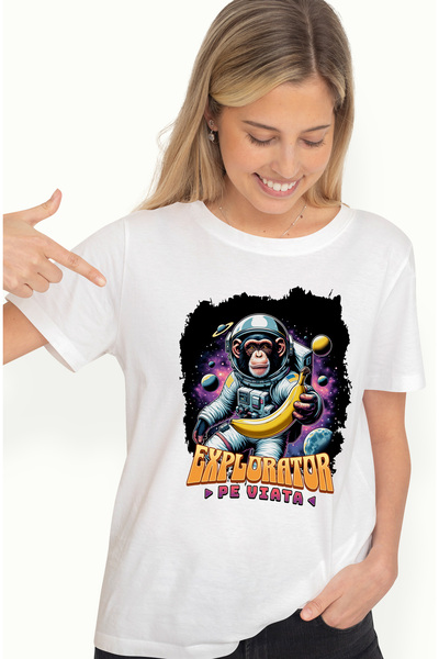 StoryGift Romania Tricou Femei Maimuta Astronaut - Explorator pe Viata, cu im...