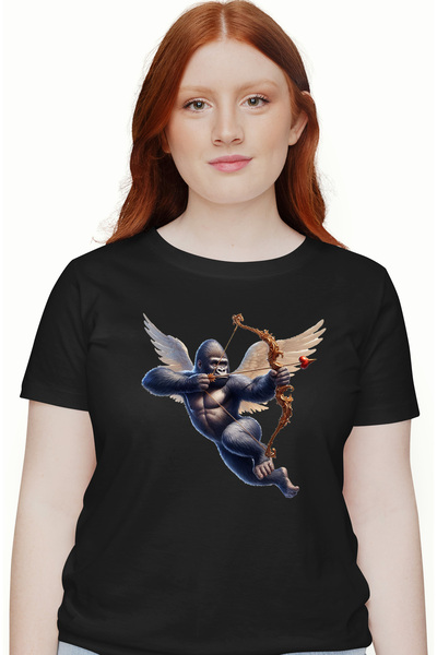 StoryGift Romania Tricou Femei cu o gorila Cupidon, ilustratie, trage cu arcul, aripi, indragostir BLK_XS