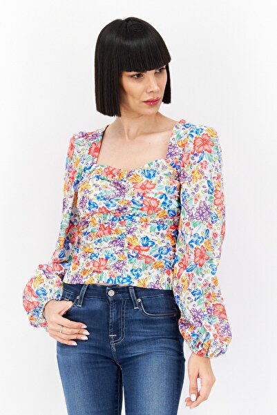 Aqua Women Queen Anne Neck Long Sleeve Floral Prin Top, Red Combo