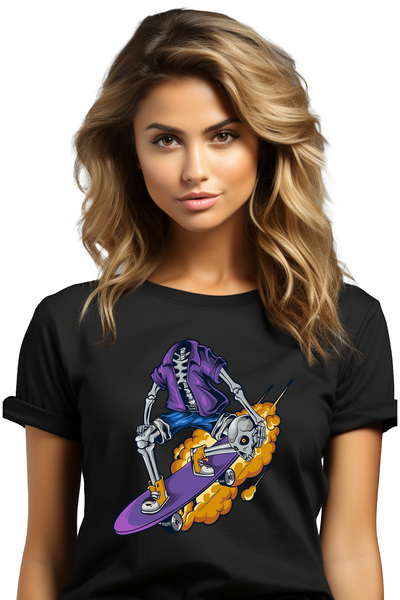 StoryGift Romania Tricou Femei Cu Schelet, Craniu, Skateboard, Fum, Jacheta, Multicolor cu imprim BLK_S