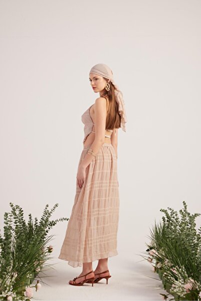 HOLLY LOLLY Shawl Detailed Skirt Blouse Triple Bohemia Suit Beige