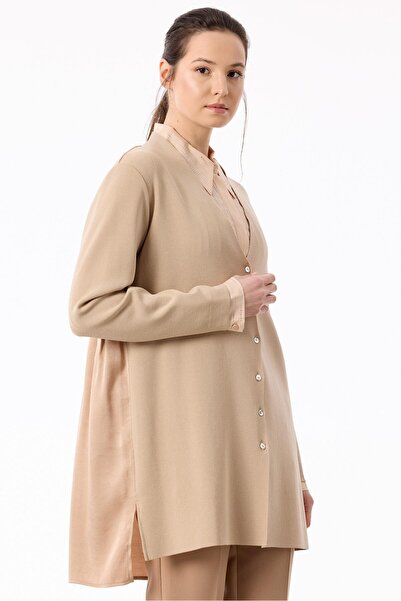 Tığ Triko Arkası Kupra Kumaşlı Rayon Hırka VİZON