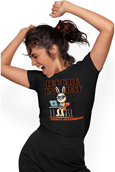 StoryGift Romania Tricou Femei iepure lucreaza de acasa in pat task neterminat work from home cu i BLK_XL
