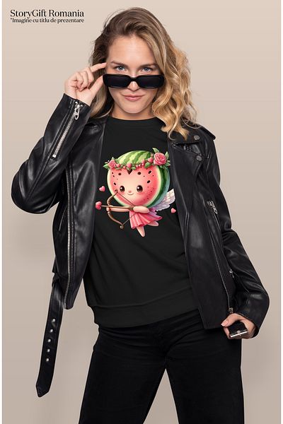 StoryGift Romania Women's T-shirt with a little Cupid, illustration, shooting a bow, watermelon head, fru BLK_L, STG62644