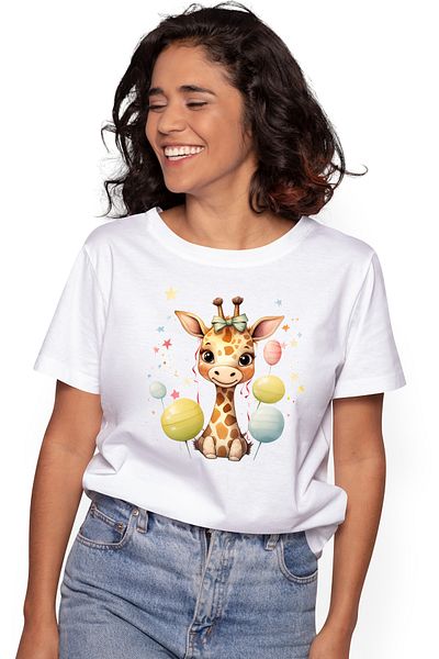 StoryGift Romania Tricou Femei Cu O Girafa Putin Timida, Ilustratie, Stelute, Baloane Colorate, An Wht_l