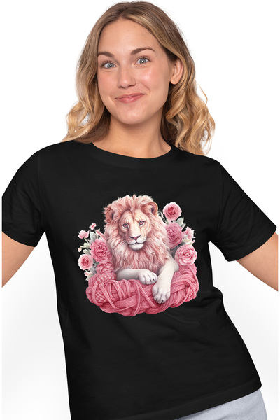 StoryGift Romania Tricou Femei cu un leu, ilustratie, floricele, roz, lana, s...