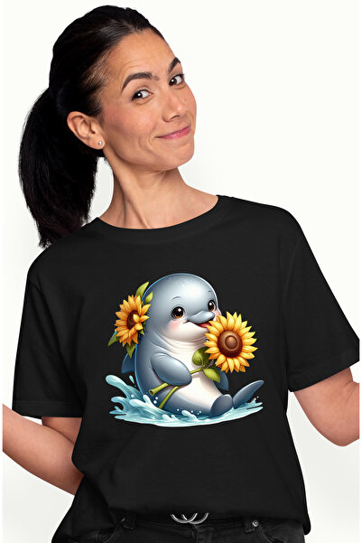 StoryGift Romania Tricou Femei cu un delfin care tine o floare, ilustratie, f...