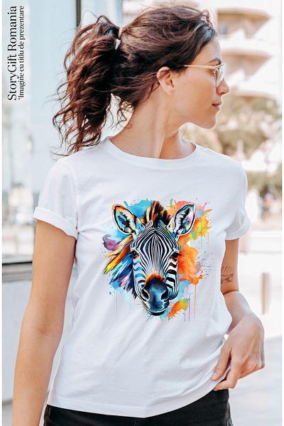 StoryGift Romania Women's T-shirt with a zebra, illustration, wild animal, abstract, color spots WHT_S