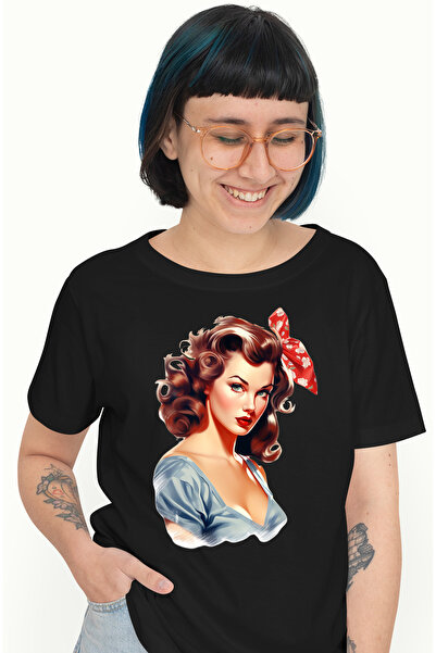 StoryGift Romania Tricou Femei cu o femeie cu par saten, ilustratie, stil ret...