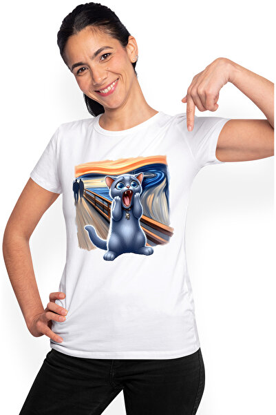 StoryGift Romania Tricou Femei cu o pisica speriata, ilustratie, socata, uimi...