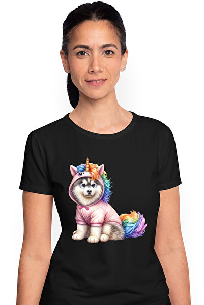 StoryGift Romania Tricou Femei cu un catelus Husky costumat in unicorn, ilustratie, vesel, jucaus, BLK_XS